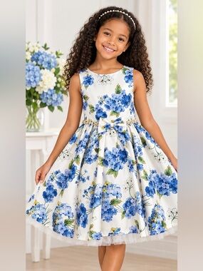 🎀 Couture Princess Girls Floral Blue Hydrangea Party Dress Size 8